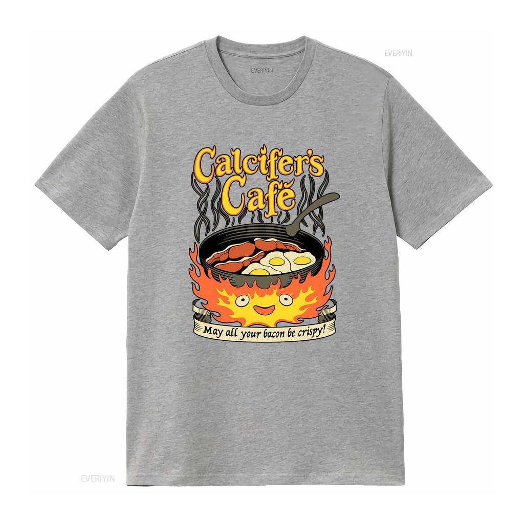 Calcifers Cafe T Shirt May All Your Bacon Eggs Be Crispy Fun Cooking Design Vintage Washed Casual Breathable Graphic