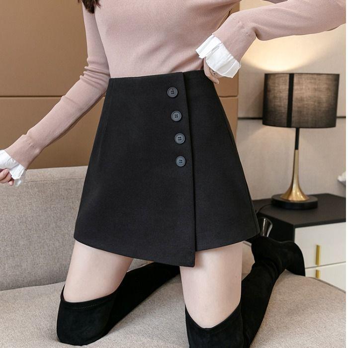 Women s High-Waisted Woolen Skort: 2025 Winter A-Line, Slimming, Irregular Wide-Leg Style. S (Recommended for 80-95 lbs)