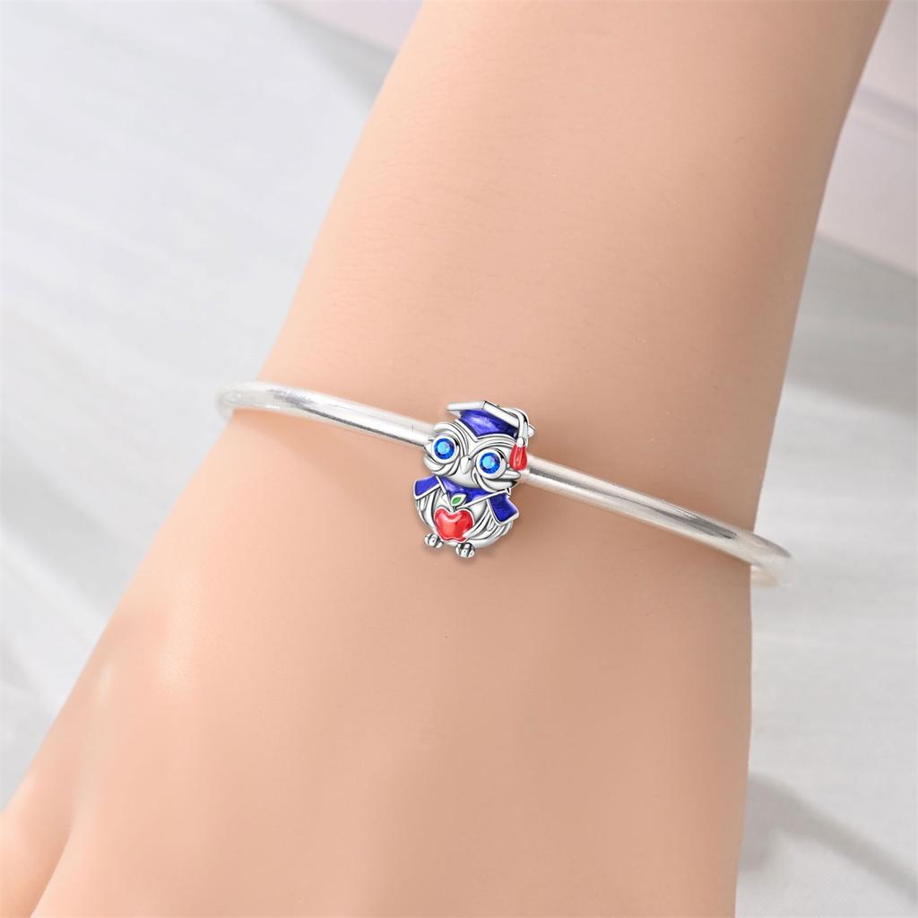 Charms Original Copper Plated Blue Graduation Owl Beads Fit Bracelet Diy Fine Gift Women Delicate Jewelry Accessory