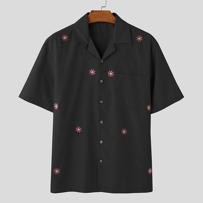 

INCERUN Men Lapel Neck Short Sleeve Embroidery Buttons Casual Oversized Shirts XL чёрный