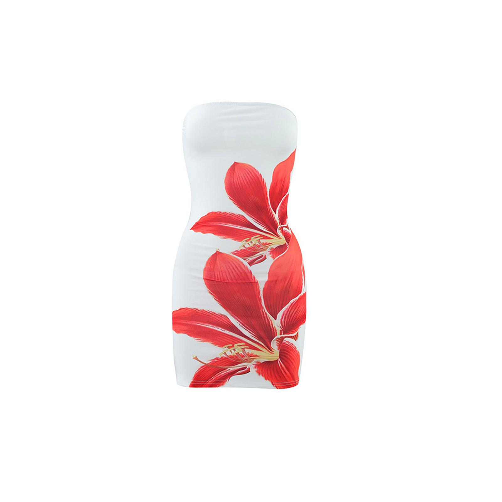 Summer Sexy Women s Strapless Flower Print Slim Fit Hip Hugging Short Dress L красный