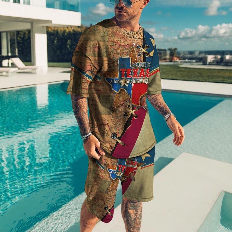 Vintage Style Men's Beach Shorts Set 3D USA Flag Print Short Sleeve T-shirt+Shorts 2 Pcs Set Summer Oversized Tracksuit Suit