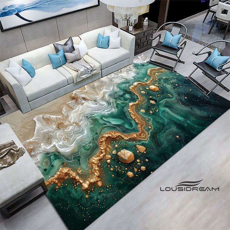 Luxury Fantasy Marble Carpet, Bedroom Carpet, Living Room, Sofa Decoration, Large Green and Gold Game Decoration