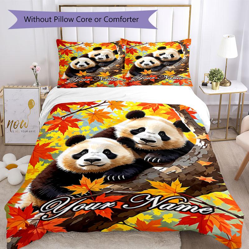 3PC Custom Name Autumn Panda Pair Bedding Set Duvet Cover Closure Includes 1 Duvet Cover & 2 Pillowcases for Bedroom