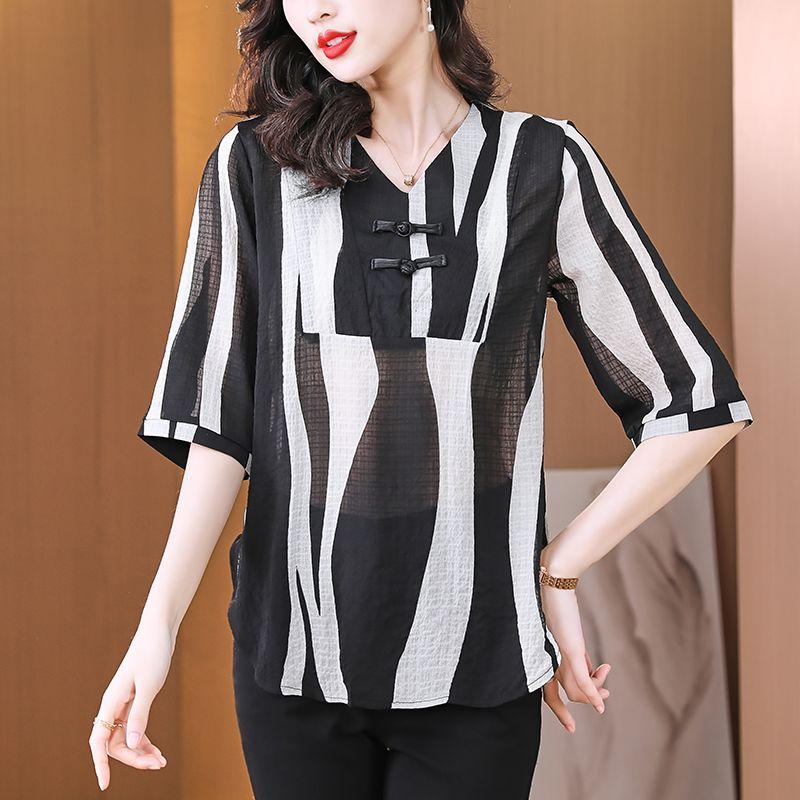 Camisa Vintage con Hebilla de Disco China Ropa de Mujer Estampada Elegante de Verano de Manga Corta Suelta Blusa Casual Elegante con Cuello en V