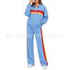 Womens Contrast Stripe Sporty Two-Piece Set With Stand Collar Zip-Up Top Wide-Leg Pants