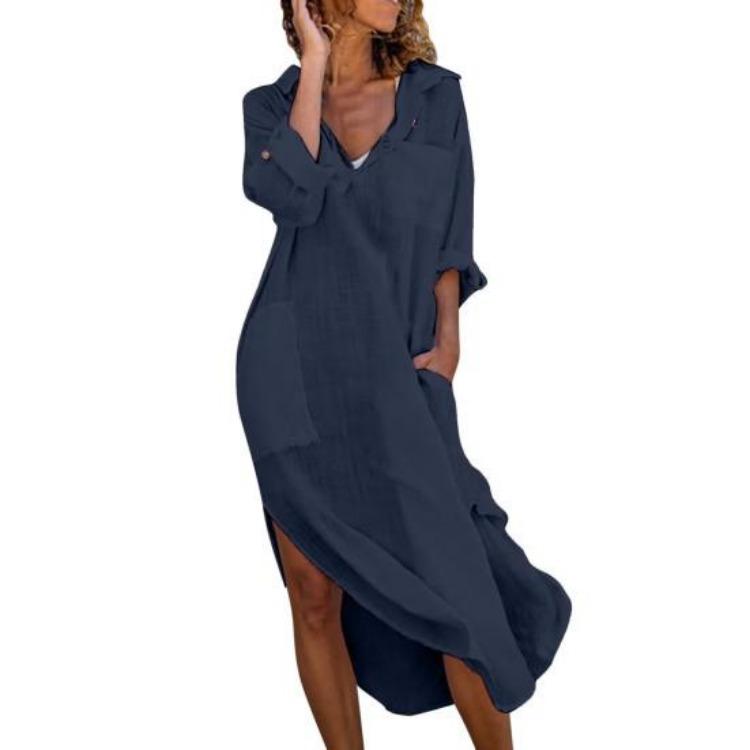 Summer Beach Dress Women Loose Fit V Neck Lapel Midi Dress Solid Color with Pockets Side Split Thin Holiday Shirt Dress