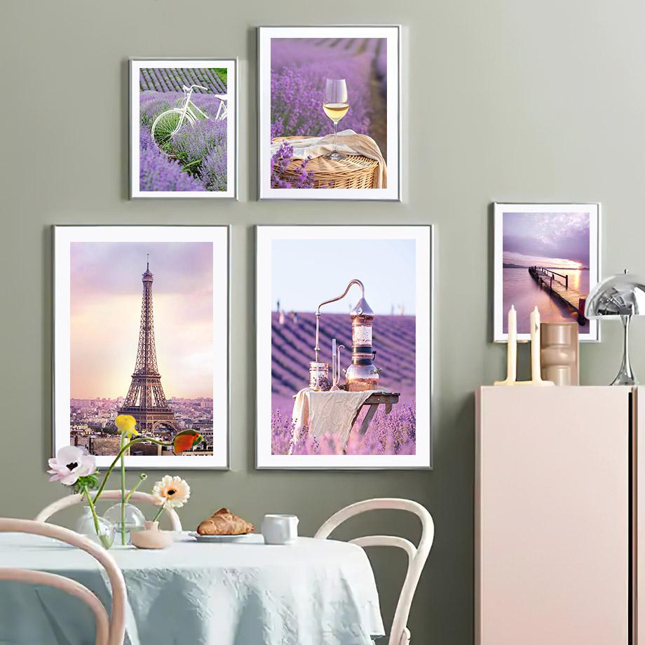 Lavendel Lila Strand Landskap Naturliga affischer och utskrifter Dukmålning Väggkonstbilder för vardagsrum Heminredning