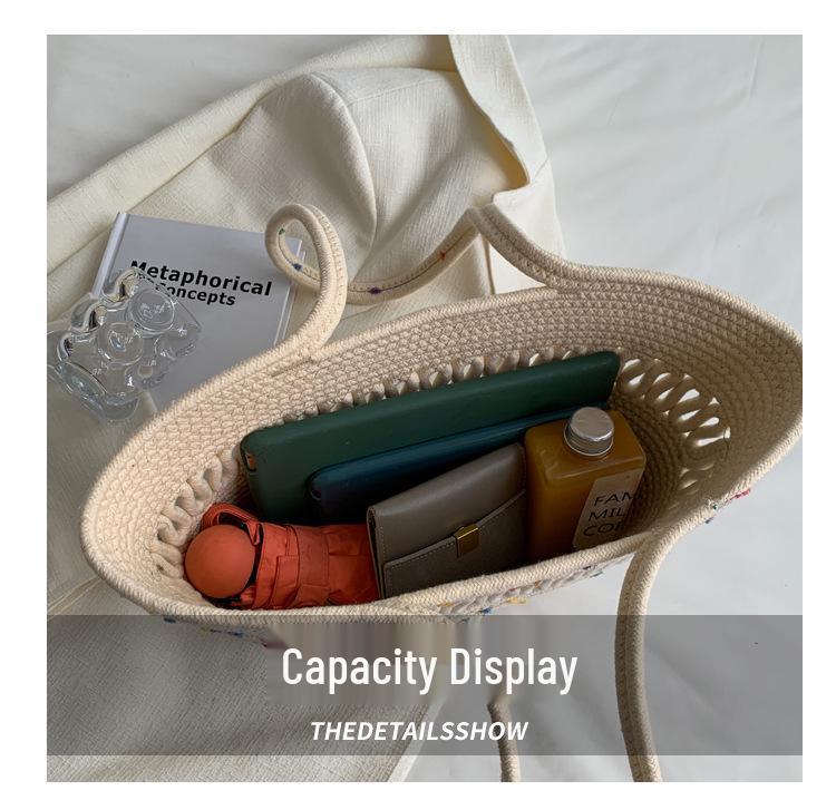 Retro Style Women's Color Block Large Cotton Rope Woven Beach Bag