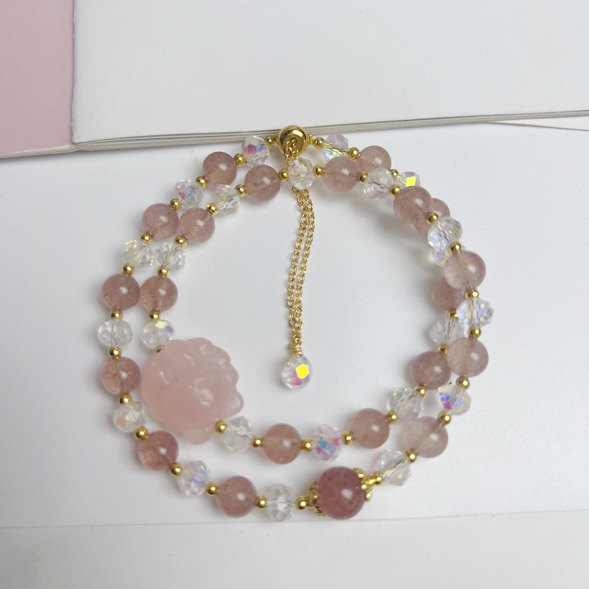 Natural strawberry crystal double circle bracelet powder crystal bracelet. Bangles Women Fashion Jewelry accessories Gift