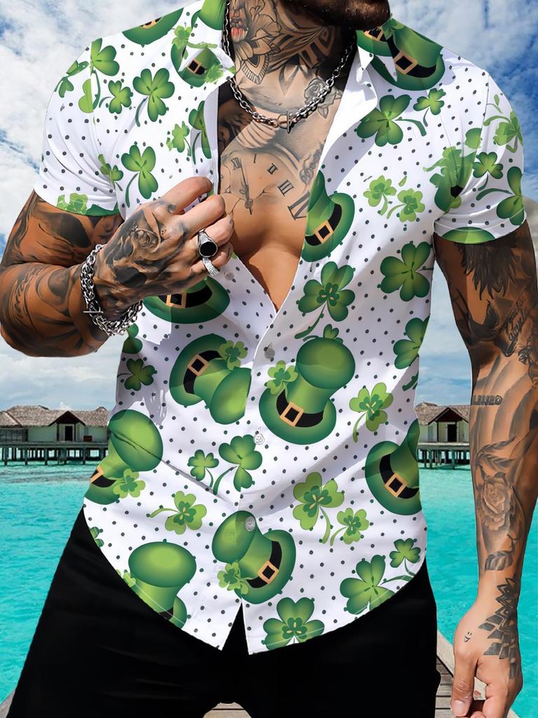 Men'S Short-Sleeve Shirt with a Green St. Patrick'S Day Hat And Clover Pattern, a Hawaiian-Style Button-Up Shirt, Perfect for Festive Occasions And As