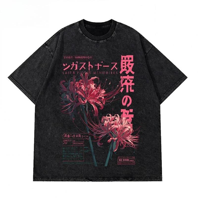 Men s& Japanese Anime Aesthetic T-Shirt- Soft Grunge Flower& Spider Lily, Vintage Washed Round Neck Tee, Casual Casual Attire& Outfits, Washable Retro S