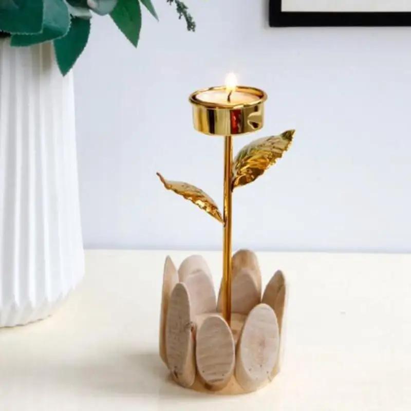 Metal Candle Holder Stand Candlestick Christmas Golden Rose Floral Wooden Base Wedding Table Decoration Home Desk Decor
