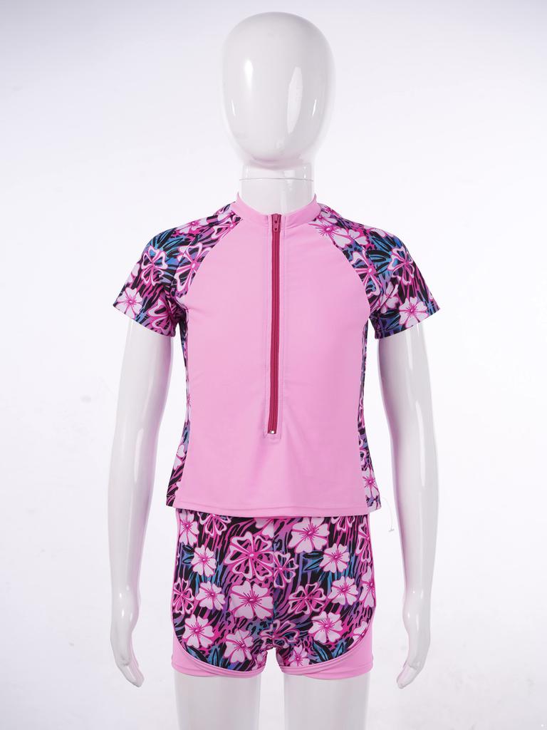 Front Zipper Closure Short Sleeves Stand Collar Tops + Elastic Waistband Shorts Floral Print Quickly Dry Swimwear 2Pcs Sets