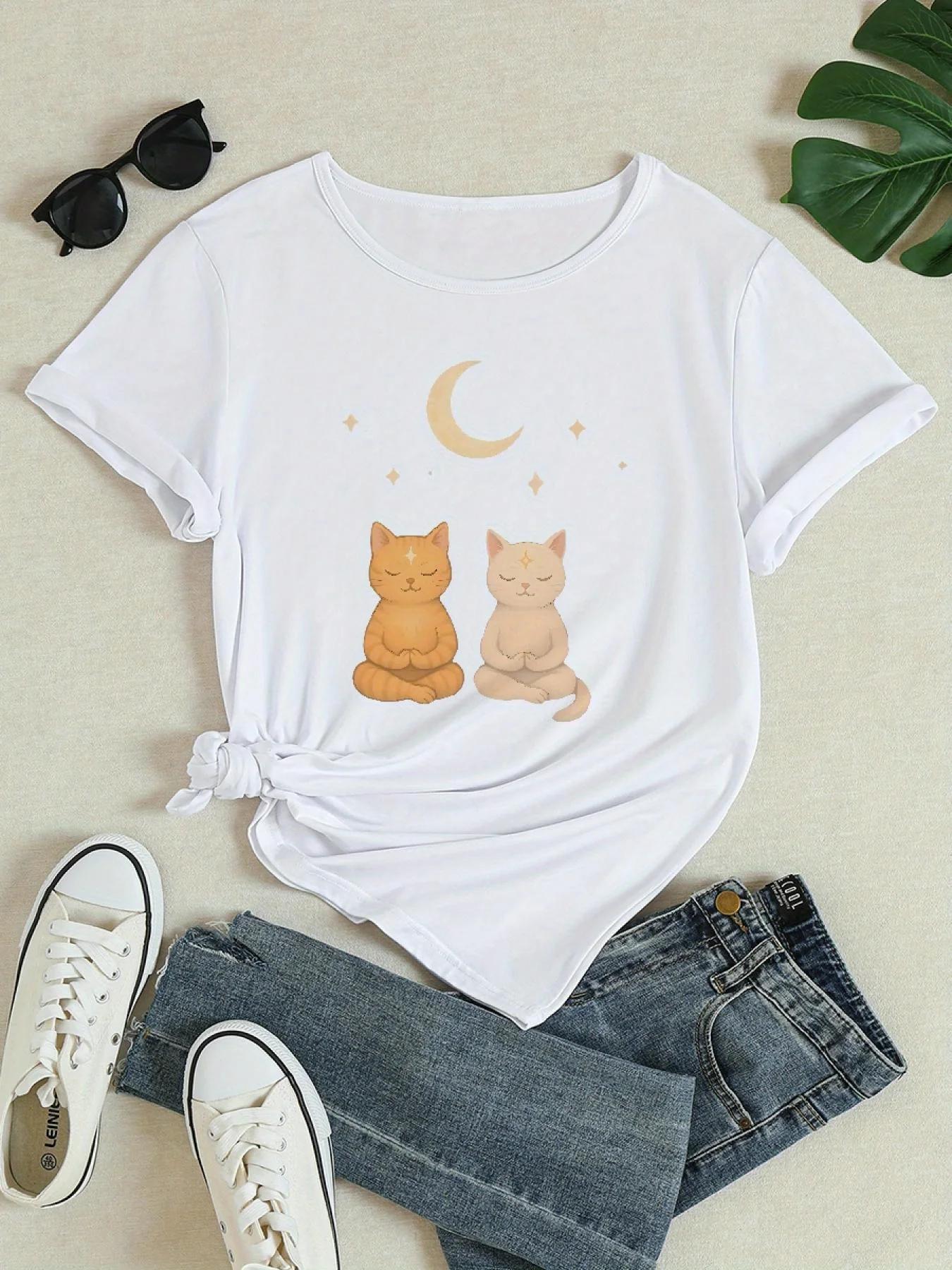 

Womens Breathable Slim Cat Moon Print Cute Sleeping Cat Paw Print Design Round Neck Sleeve Casual Summer Top Versatile Casual S