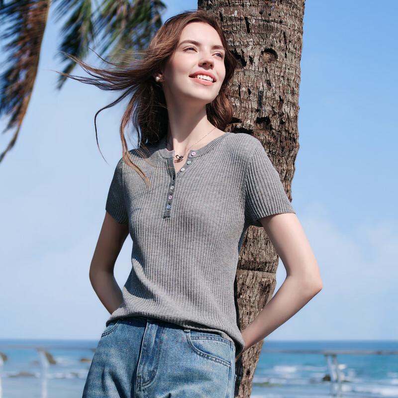 BETU Women's Slim-Fit V-Neck Knit Short Sleeve Top