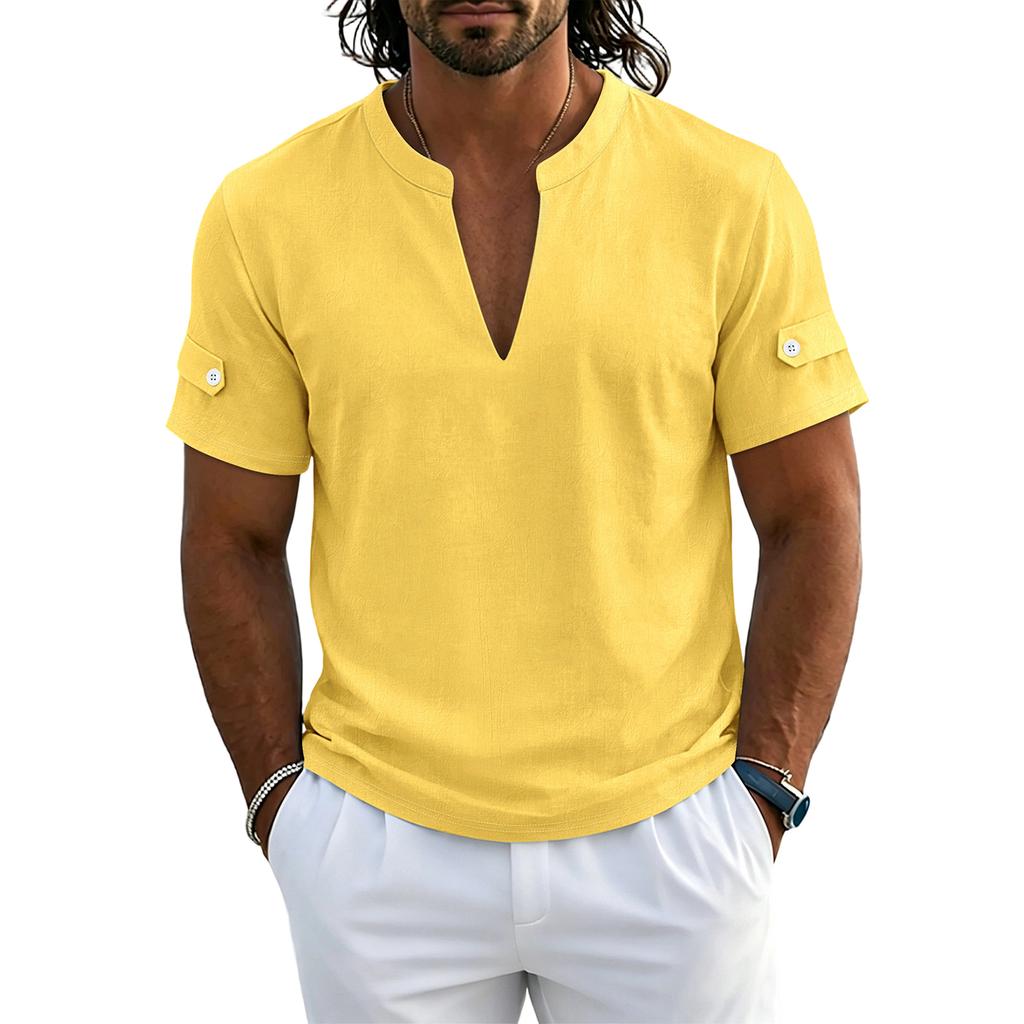Chemise Polo Henley Casual à Manches Courtes et Col en V pour Homme Tissu Léger Respirant Haut d'Été