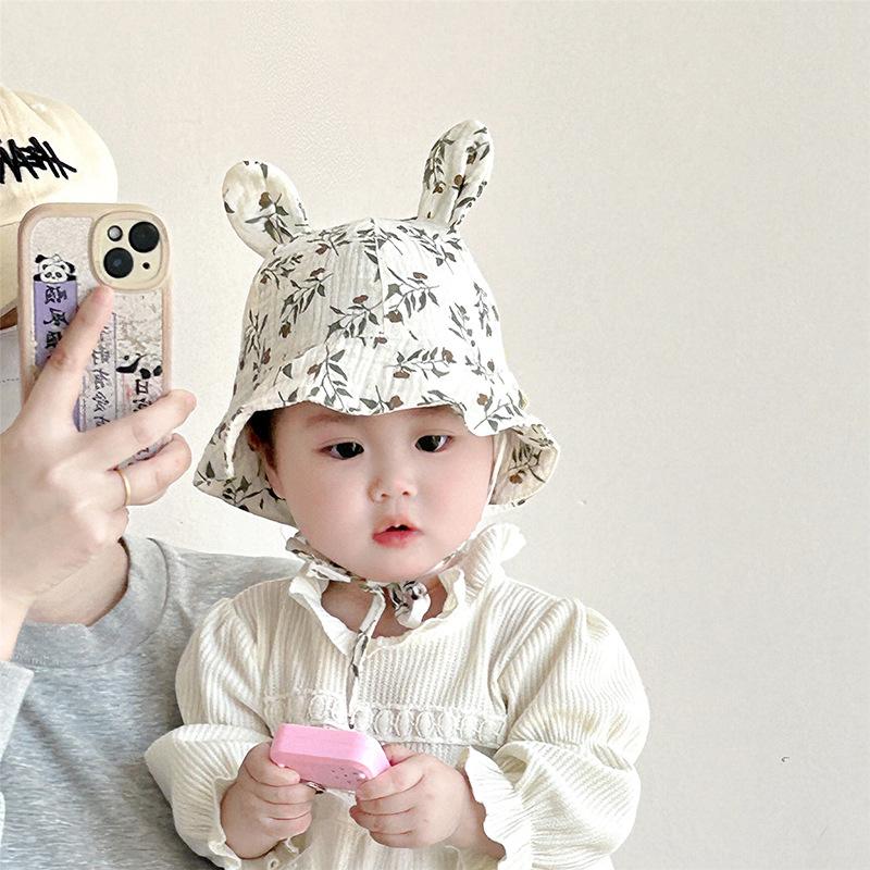 Baby Hat Spring and Autumn Small month old Cute Rabbit Ear Cotton Yarn Drawstring Hat Autumn Boy and Girl Super Cute Fisherman Hat