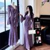 Purple V-neck Lace Dress for Women's Autumn and Winter Tight Body Long Dress, Sexy Royal Sister Wind Hip Fishtail Skirt