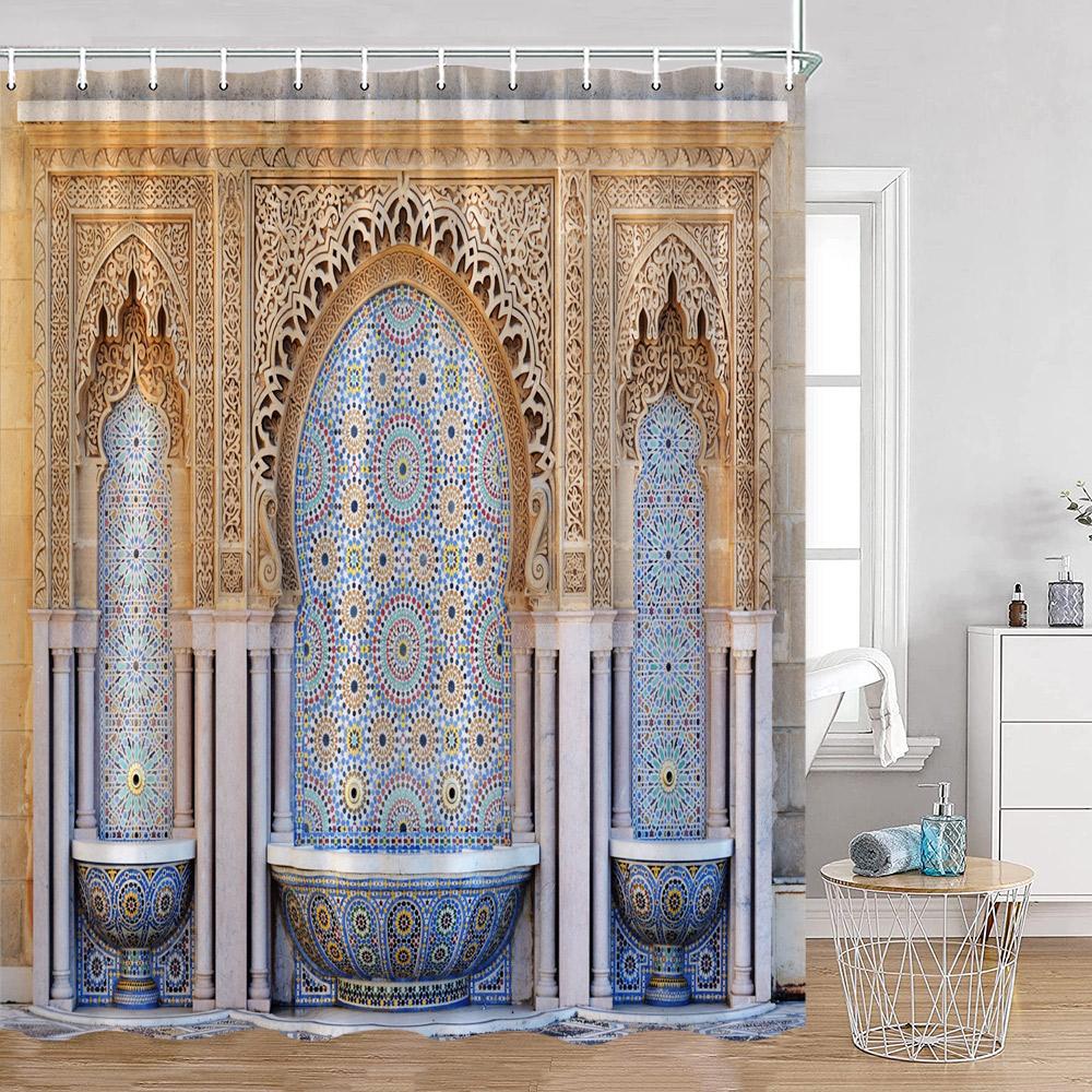Vintage Moroccan Shower Curtain Ethnic Style Floral Art Retro Architecture Door Bathroom Curtain Polyester Home Decor With Hooks