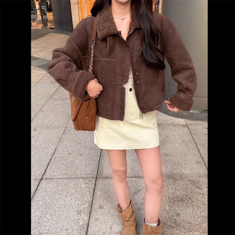 2025 Winter Korean-Style Retro Loose Lambswool-Leather Coat, Plush Velvet Warm Top