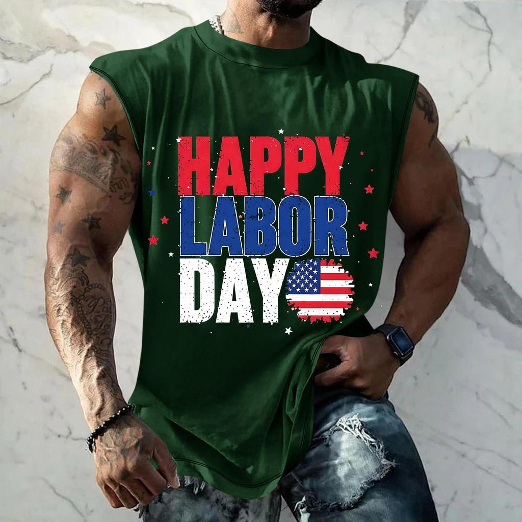 Men's Sleeveless Muscle Tank Top Casual Loose Fit Athletic Workout Shirt with Labor Day Graphic Print for Summer Outdoor Activities