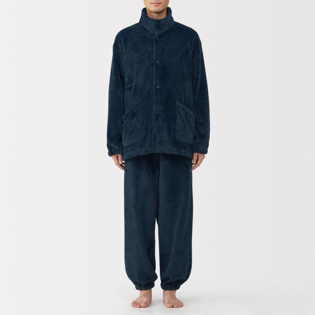 MUJI Men's Anti-Static Wearable Blanket, Stand-Up Collar Long Sleeve Pajamas, Dark Navy, Size XL (FB0ZBA5A)