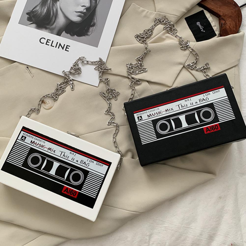 Women Mini Chain Purse Radio Shape Vintage Satchel Bag PU Leather Tape Recorder Print for Women Teen Girls