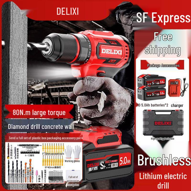 Delixi Brushless Lithium Electric Hand Drill - Pistol Grip for Household Wall Drilling and Impact Holes