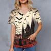 Women's Halloween Printed V-Neck Double Pocket Short Sleeves Hem Slit Uniform Caregiver Top