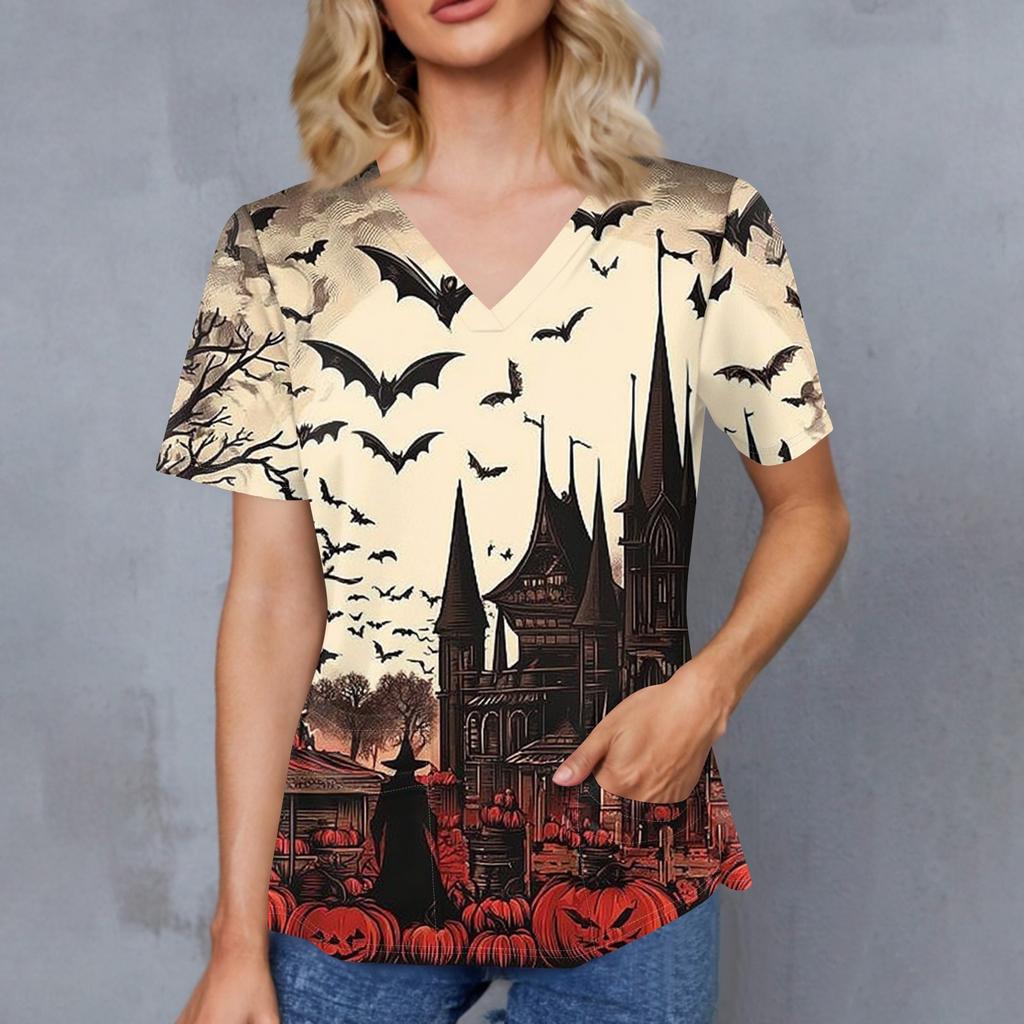 Women's Halloween Printed V-Neck Double Pocket Short Sleeves Hem Slit Uniform Caregiver Top