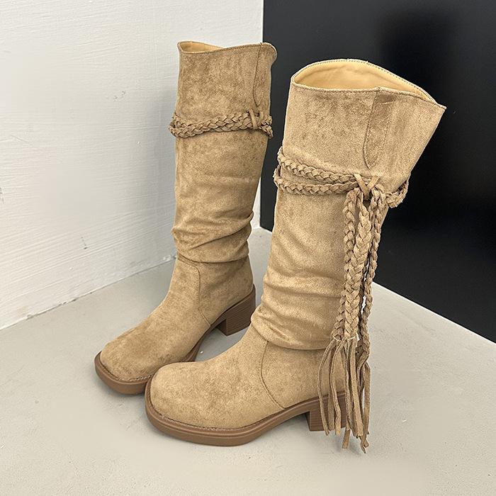 Wasteland wind retro fringed woven knight boots long boots women's autumn and winter new thick heel suede stacking boots high boots