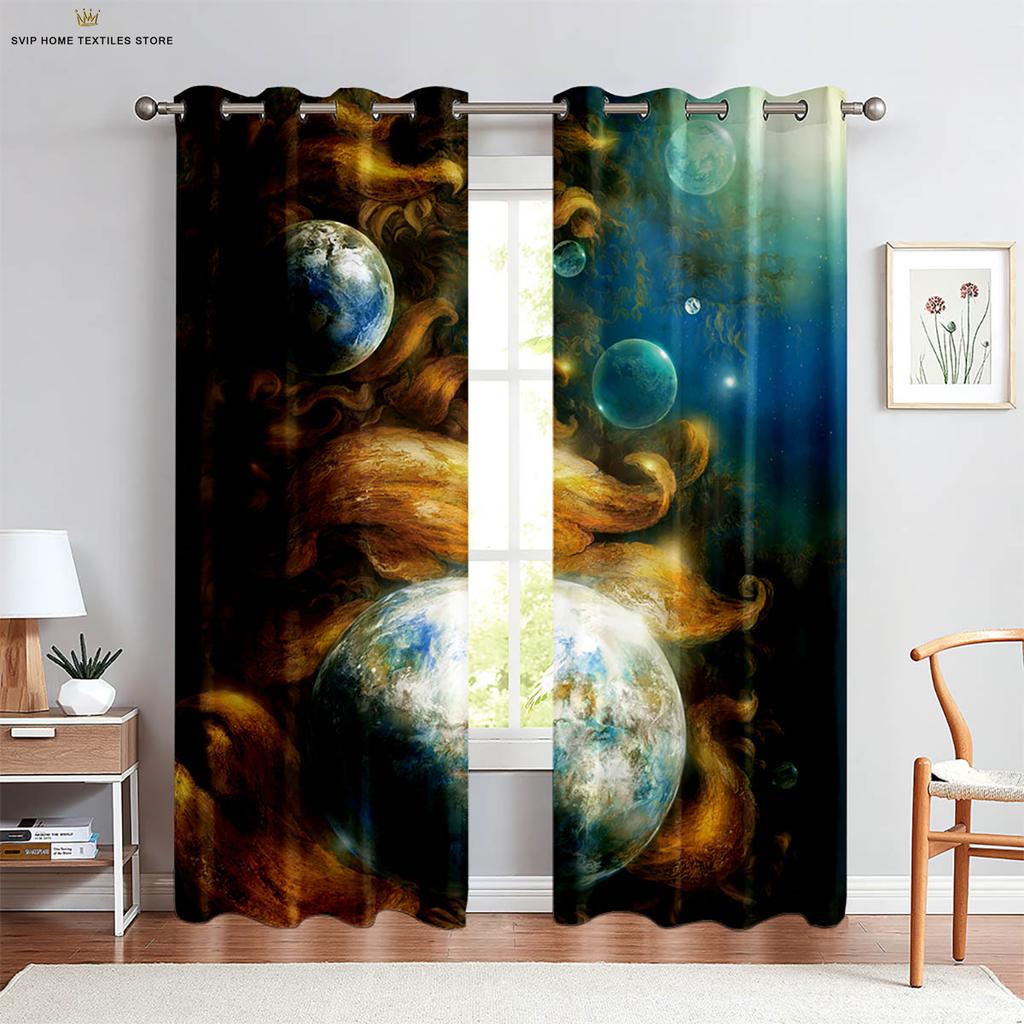 Dreamy Starry Sky Galaxy 3D Printed Curtains, Blackout, Heat Insulation, Living Room, Study, Bedroom, Home Decoration, 2 Pcs