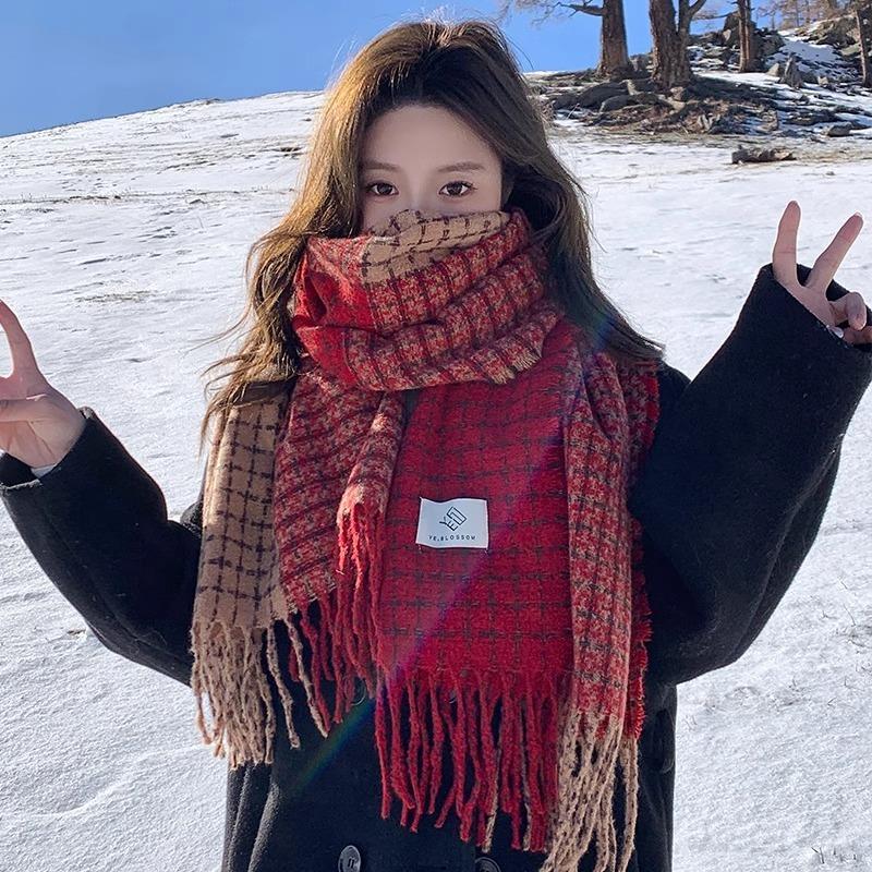 Premium Sense Red Plaid Scarf Women's Winter Versatile New Christmas Birthday Gift Student Shawl Multi-purpose