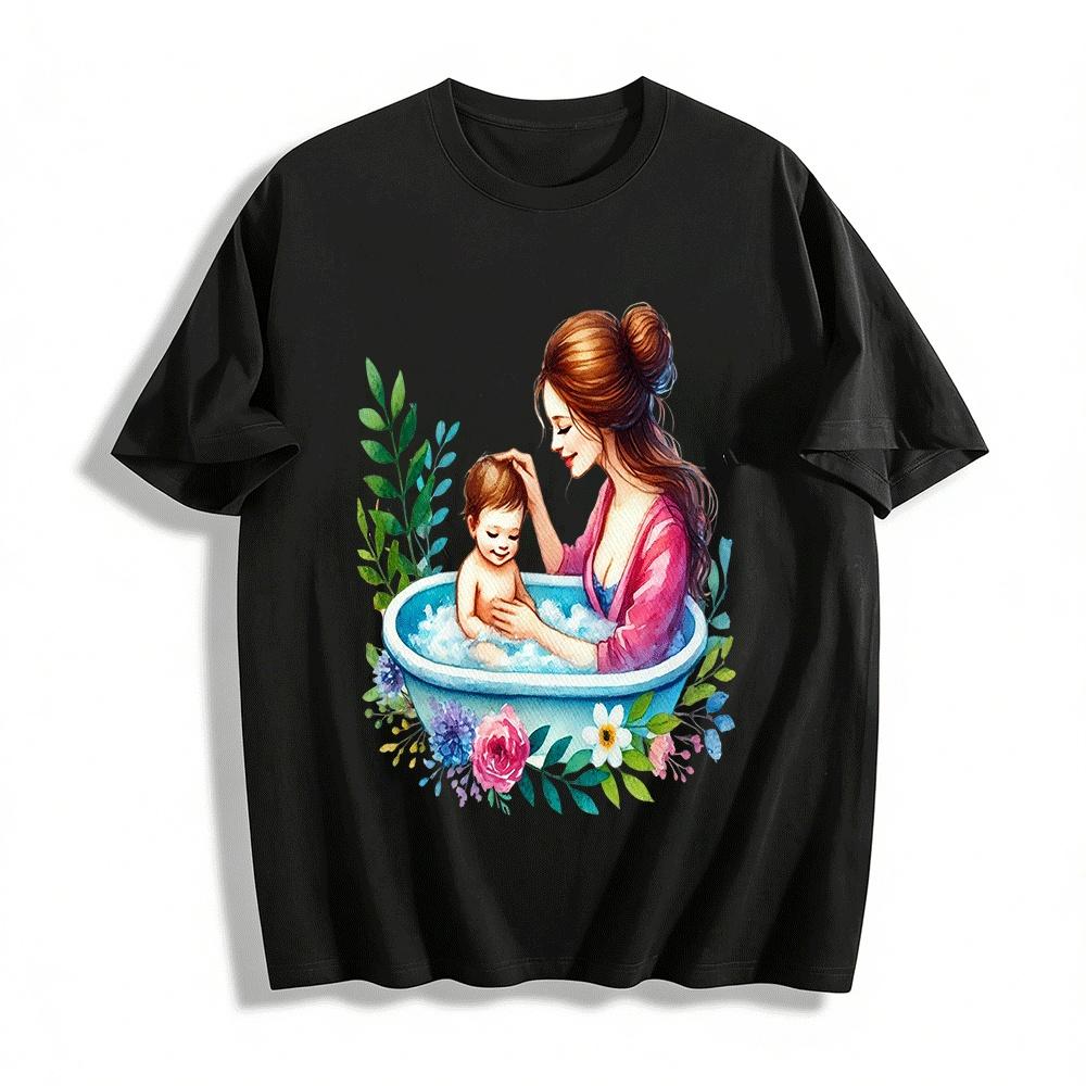 Warm Mother Baby Bath Print Top Mother Love Themed Adult Wear Pure cotton T-shirt XXS