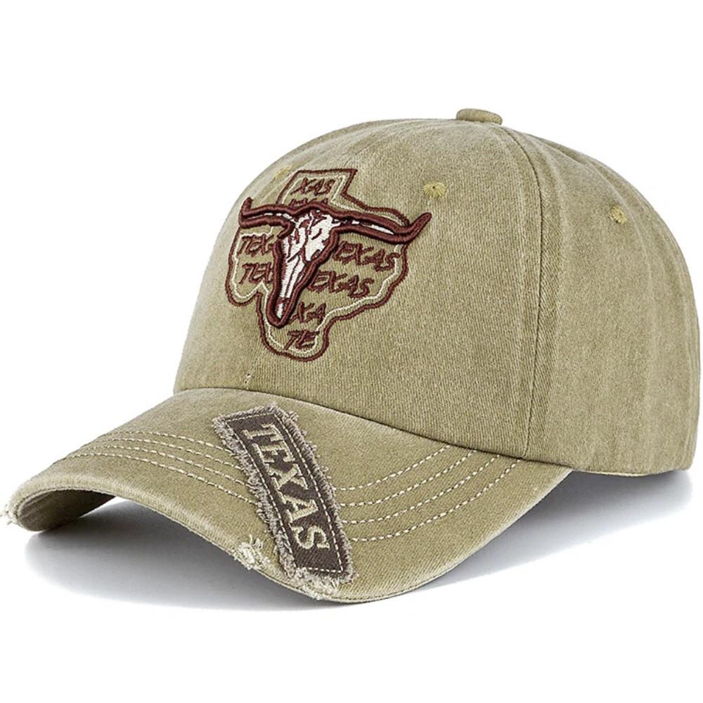 Unisex Praná Bavlněná Vintage Čepice Klasická Čepice TEXAS s Výšivkou Hlavy Býka Baseballová Čepice Venkovní Táta Klobouk Pro Muže Ženy