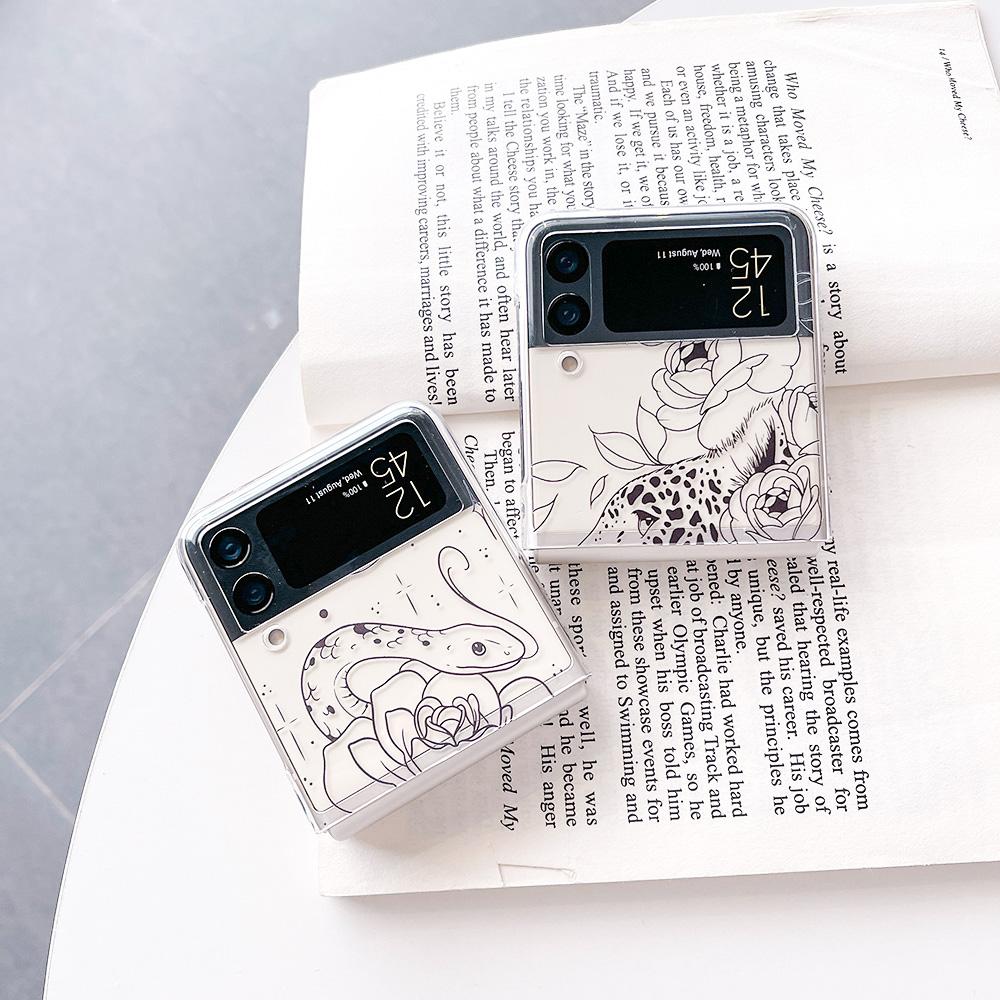 For Samsung Galaxy Z Flip 4 3 Case Line Animals Painted Transparent Shockproof Hard Back Cover For Samsung Z Flip4 Flip3 5g Case