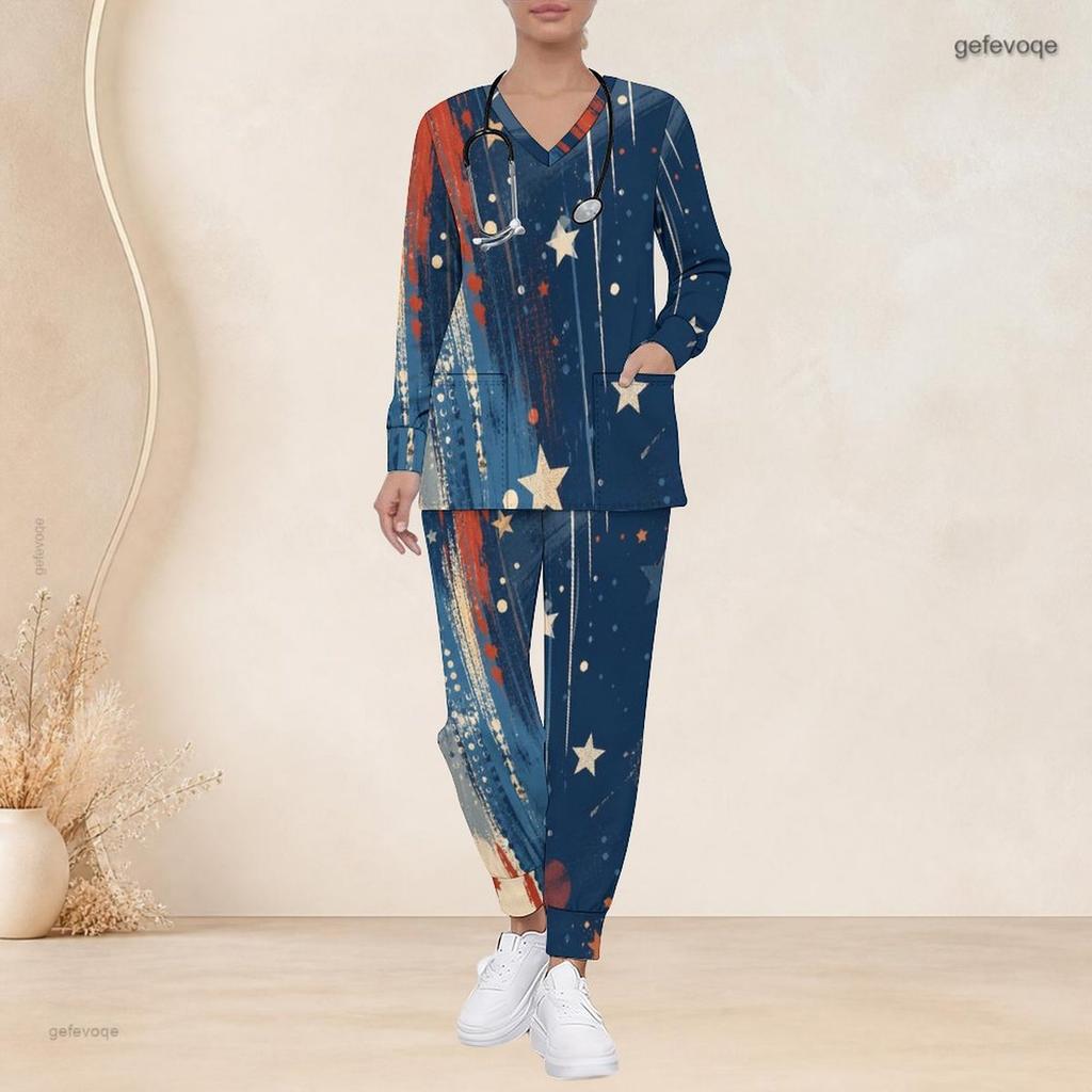 Women Plus Size V Neck Long Sleeve Scrub Set Modern Geometric Line Triangle Abstract Print Nurse Uniform Set