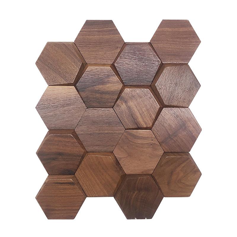 Black Walnut Hexagon 3D Stereo Mosaic Wall Hanging Decoration Hotel Bar Cafe Background Decoration Modern Wall Hanging Decor
