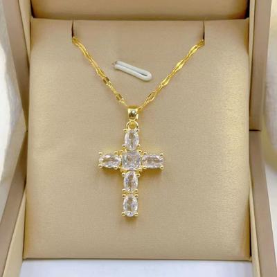 Women's Pendant Necklace Cross Prayer Artificial Crystal Stainless Steel Luck Unisex Jewelry Gift Handmade