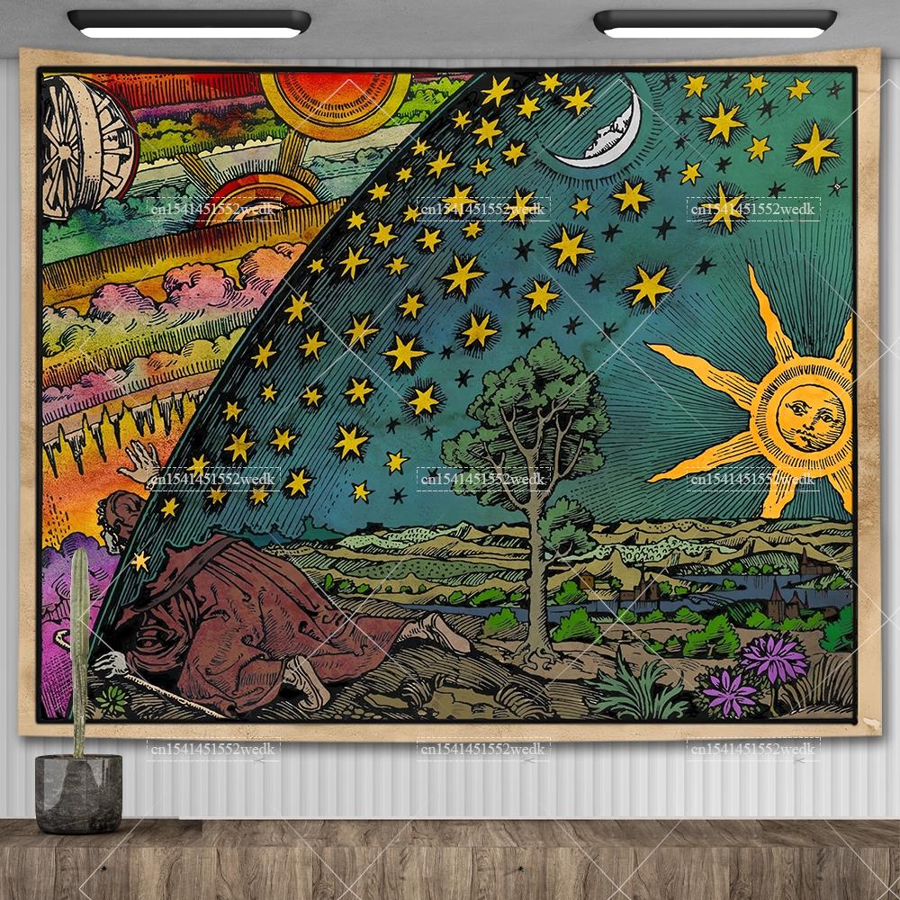 Flammarion Engraving Woodcut Tapestry Aesthetic Hippie Sun Moon Tarot Tapestrys Home Decoration Oil Painting Sofa Blankets