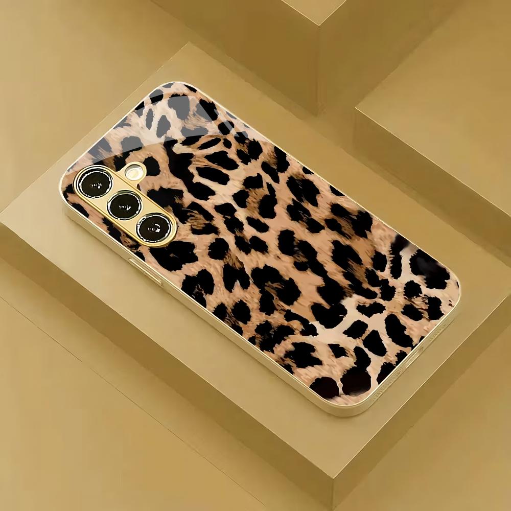 Leopard Print Splicing Electroplated Glass Phone Case Suitable for Samsung Galaxy S26 S25 S24 S22 S21 S20FE/Ultra/Plus Anti Drop