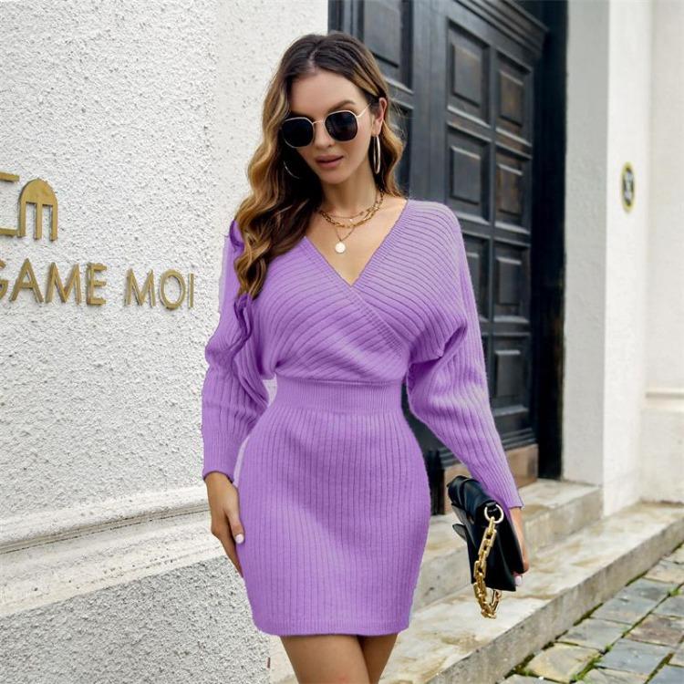 Women Chic High Waist Knitted Dress Solid Color V Neck Doll Sleeve Fall Winter Fashion Sizes S L
