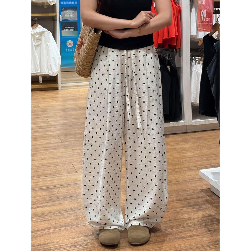Polka Dot Linen Pants for Women 2026 Summer Thin Style Plus-Size High-Waisted Loose Slimming Wide-Leg Casual Pants