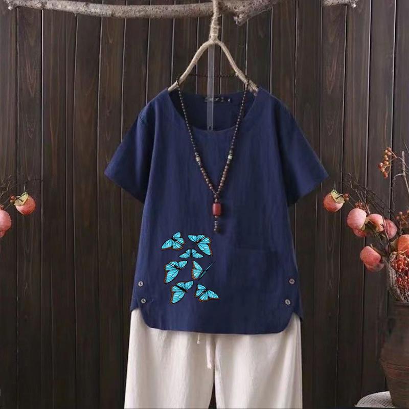 

Летняя женская футболка из хлопка и конопли с V-образным вырезом и принтом бабочек 2025 - Повседневная и шикарная 4XL темно-синий