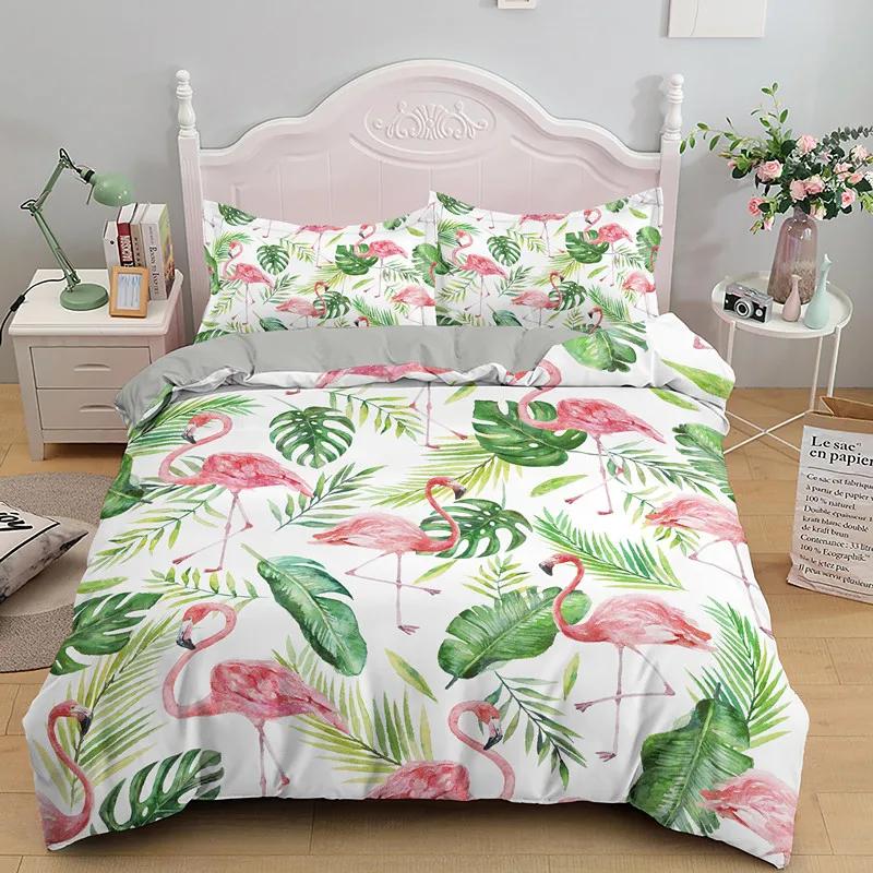 3D Flamingo Printed Beding Set King Quen Sized Dimensions Carton Pink Animals Soft Duvet Cover Featuring Pilowcases 2/3pcs Polyester Comfortable Quilt