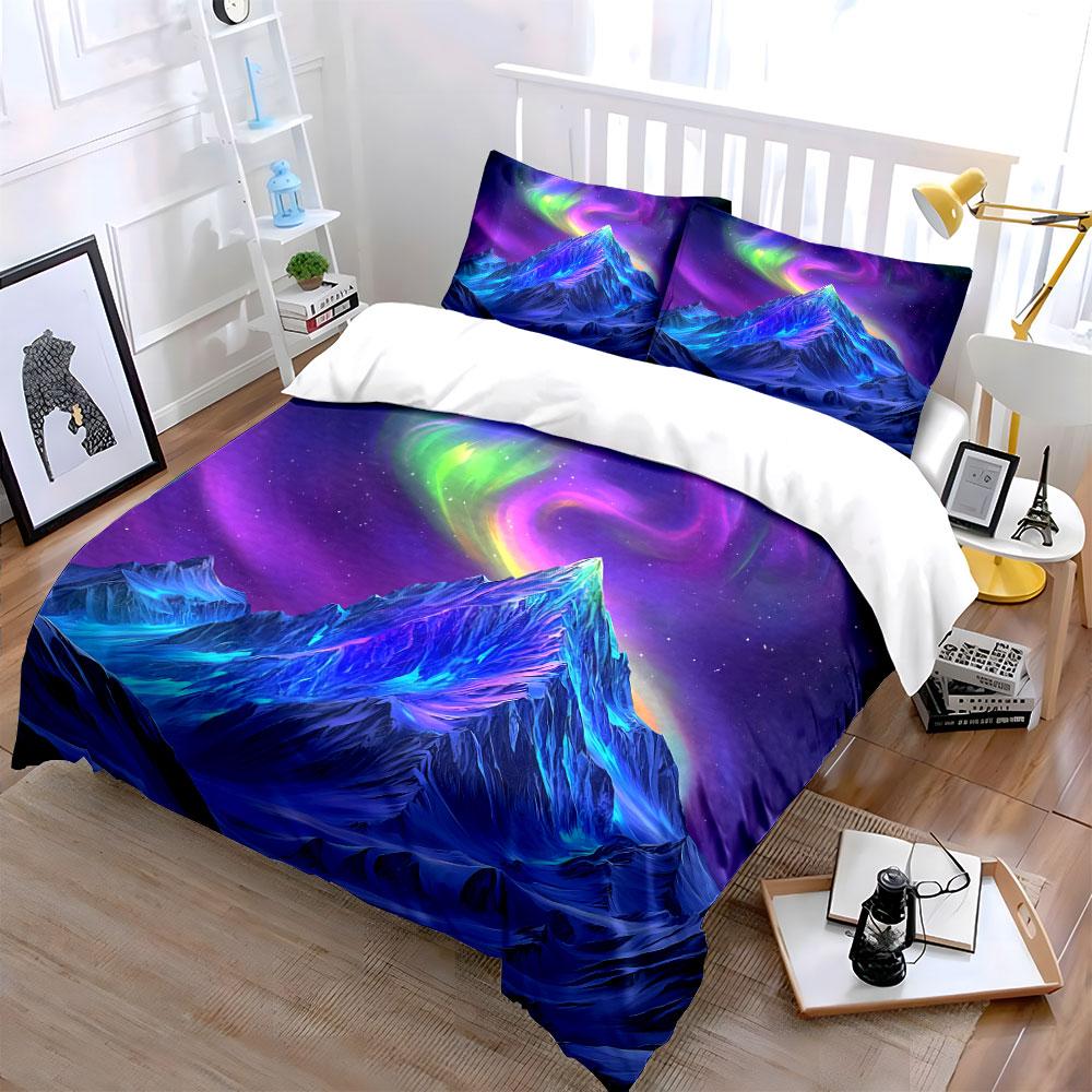 Aurora Mountain Three-Piece Art Decor Soft Comfortable Duvet Cover Bedding Set Included 1*Duvet Cover & 2*Pillowcases, Gift