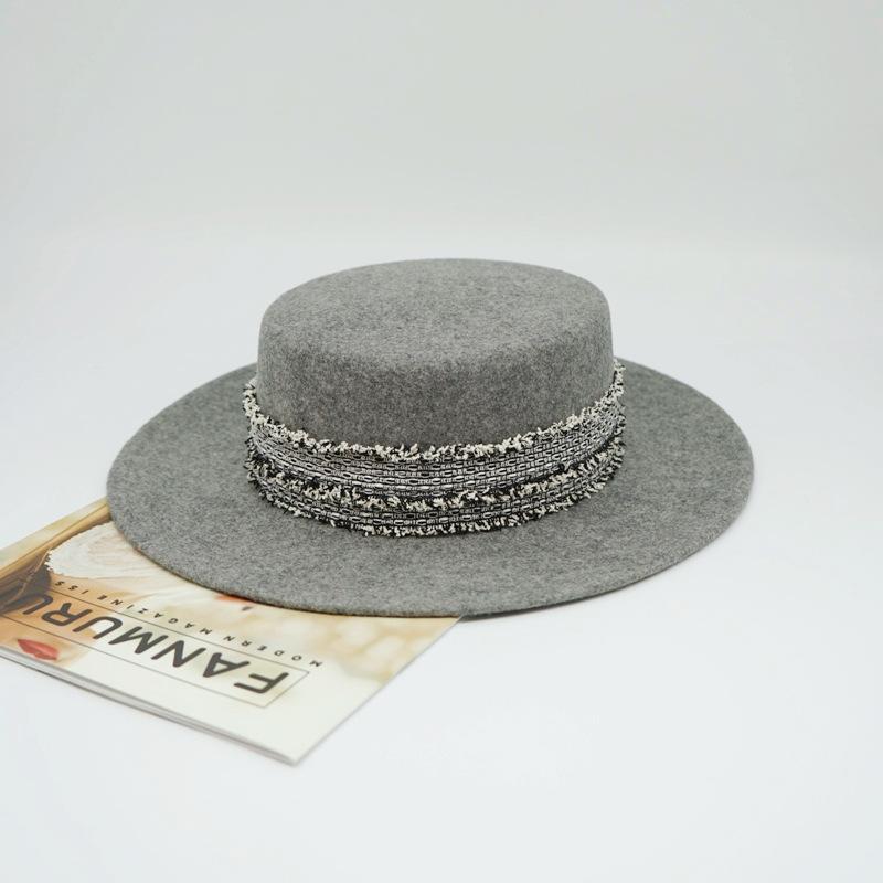 French retro oat wool woolen flat top top hat women's autumn and winter versatile British wide brim Panama camel felt hat