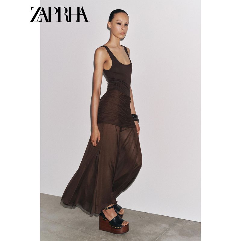 Zaprha 2025 New Fashion Patchwork Brown Translucent Fold Design Skirt Draping Effect 3111375