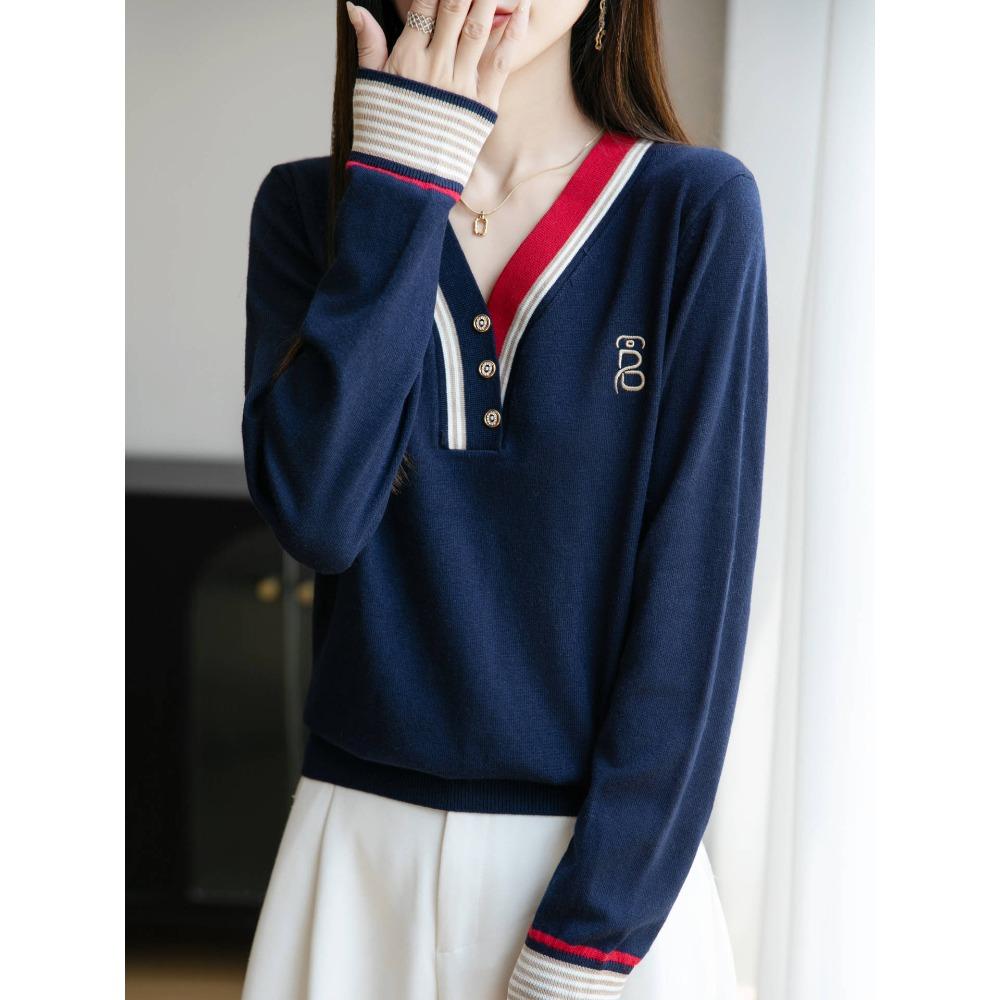 

Трикотажный свитер с V-образным вырезом, двухцветный, теплый базовый слой, контрастного цвета, с длинными рукавами для женщин 2XL темно-синий